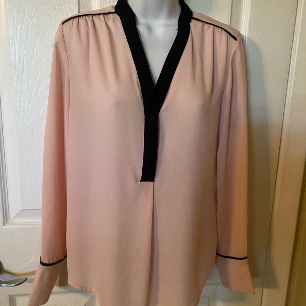 Pink sheer blouse with black trim